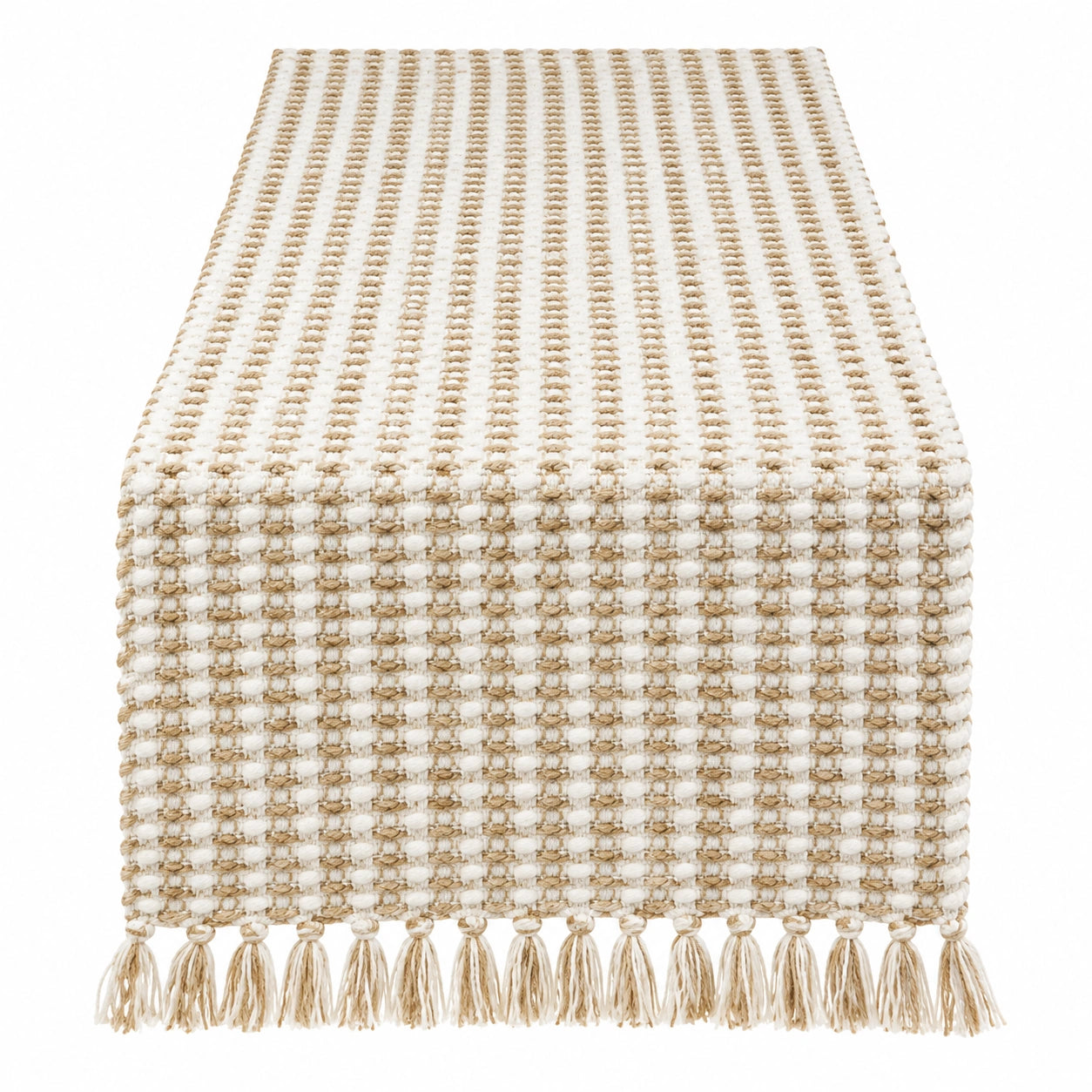 Camino de Mesa Beige y Blanco con Flecos Decorativos