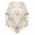 Camino de mesa bordado floral beige y azul con encaje 180x40 cm