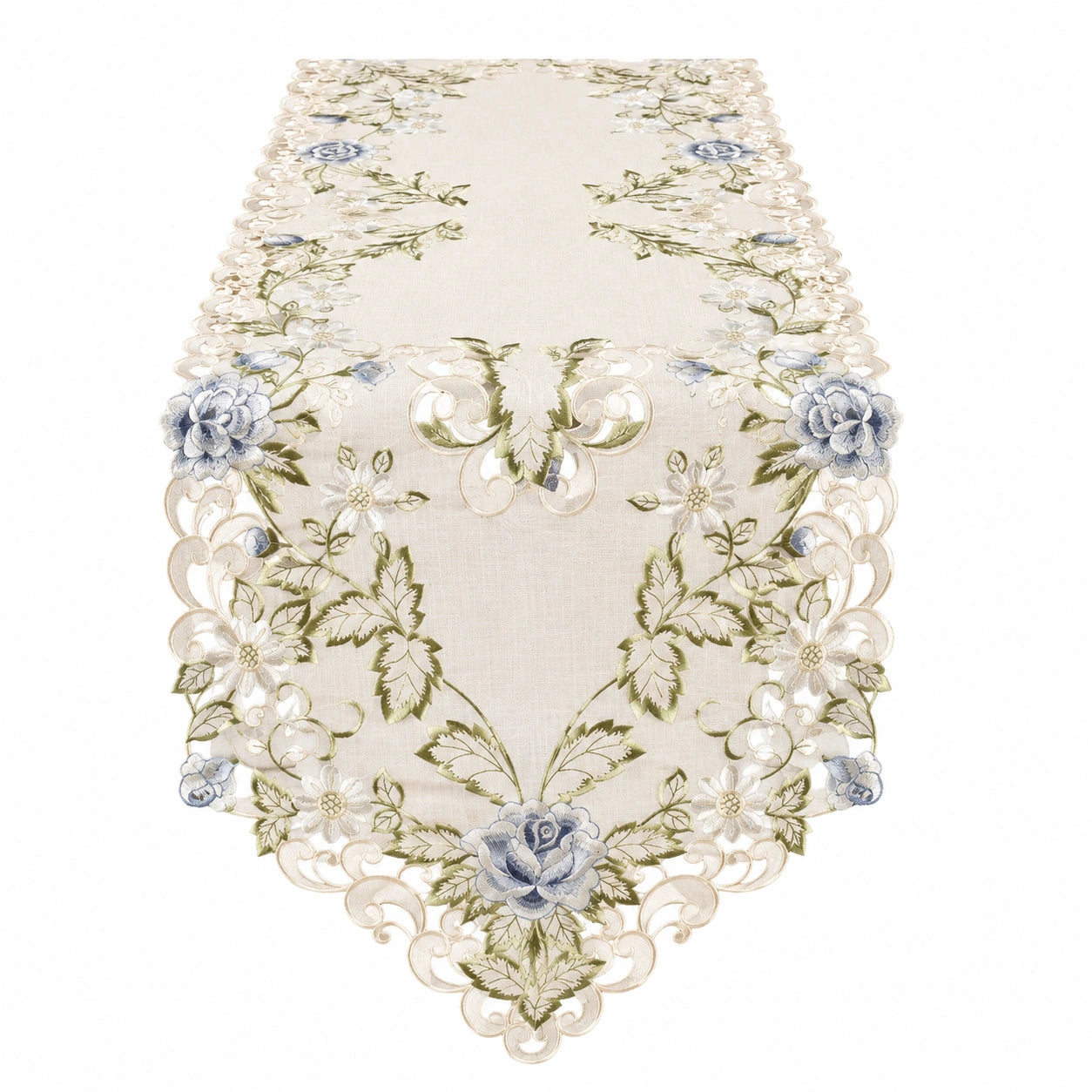 Camino de mesa bordado floral beige y azul con encaje 180x40 cm