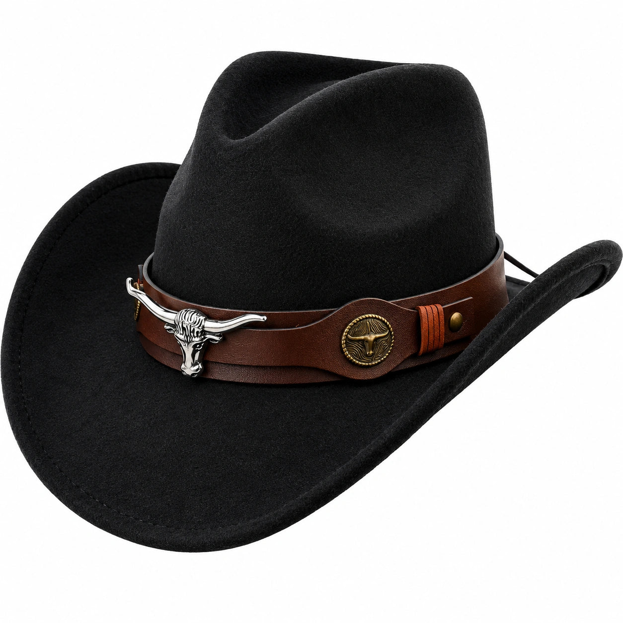 Sombrero Vaquero Negro con Banda de Cuero y Detalle de Toro