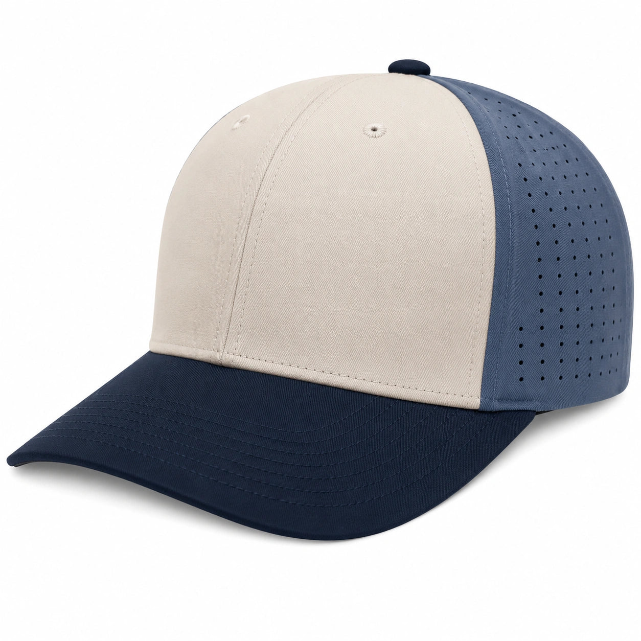 Gorra de béisbol beige y azul con ventilación ajustable