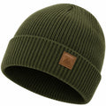 Gorro de Punto Acanalado Verde Oliva Unisex con Etiqueta de Cuero
