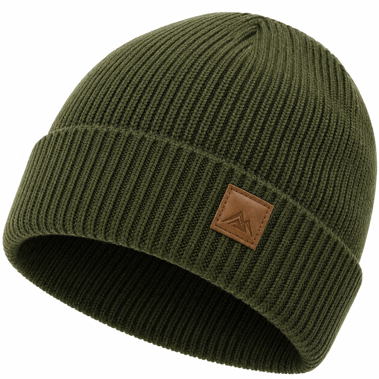 Gorro de Punto Acanalado Verde Oliva Unisex con Etiqueta de Cuero