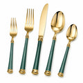 Set de Cubiertos de 5 Piezas con Mango Verde y Acabado Dorado