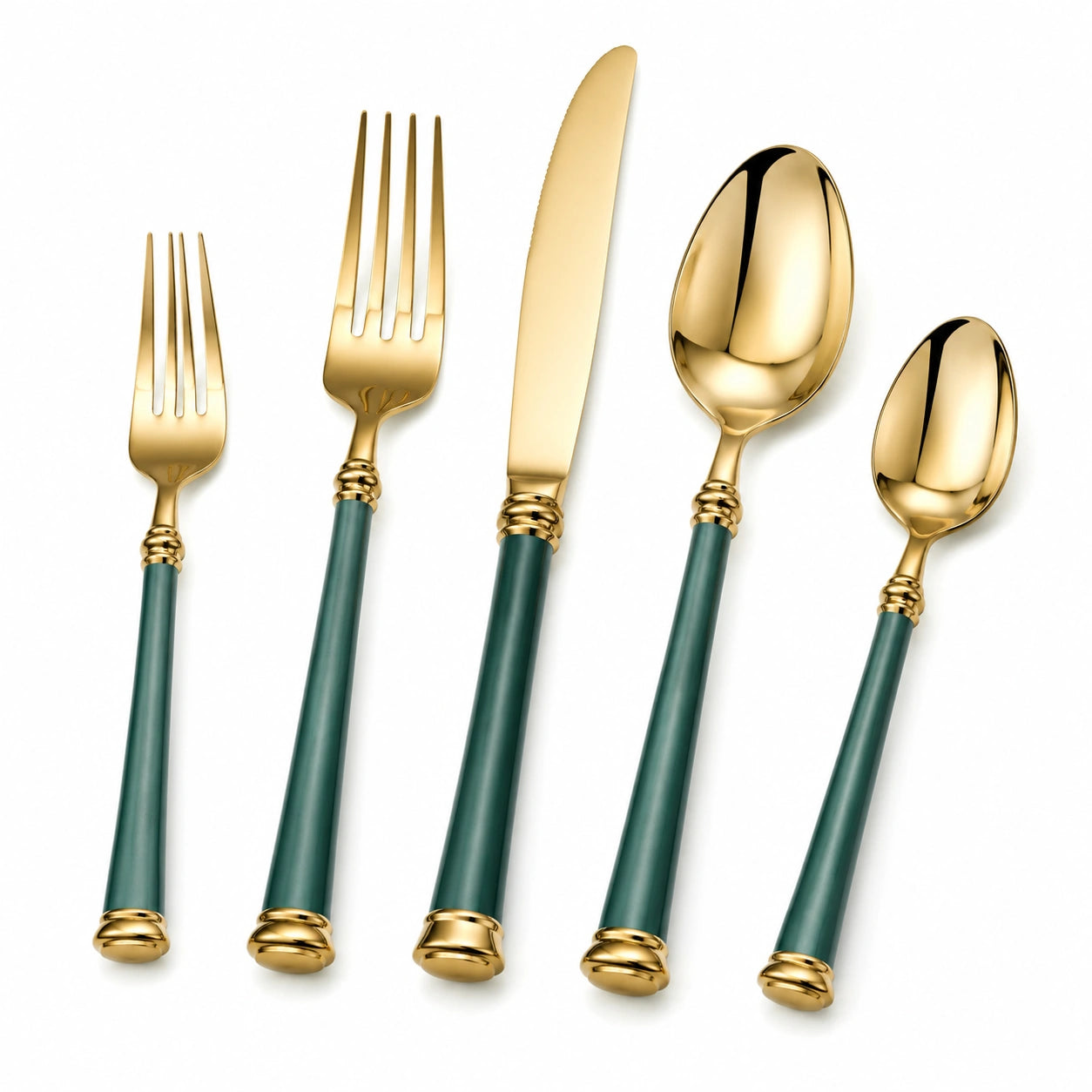 Set de Cubiertos de 5 Piezas con Mango Verde y Acabado Dorado