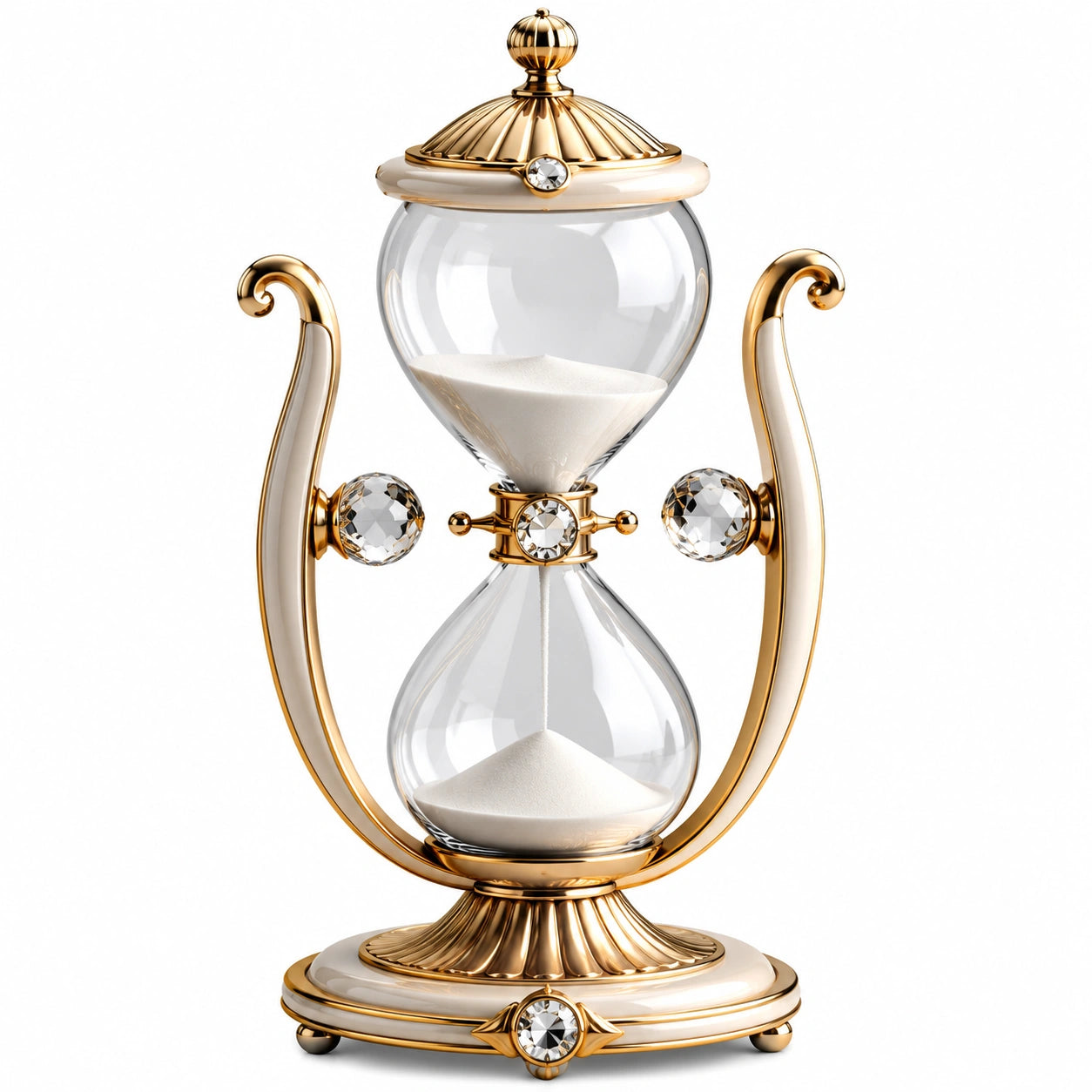 Reloj de arena decorativo dorado con cristales y base ornamental